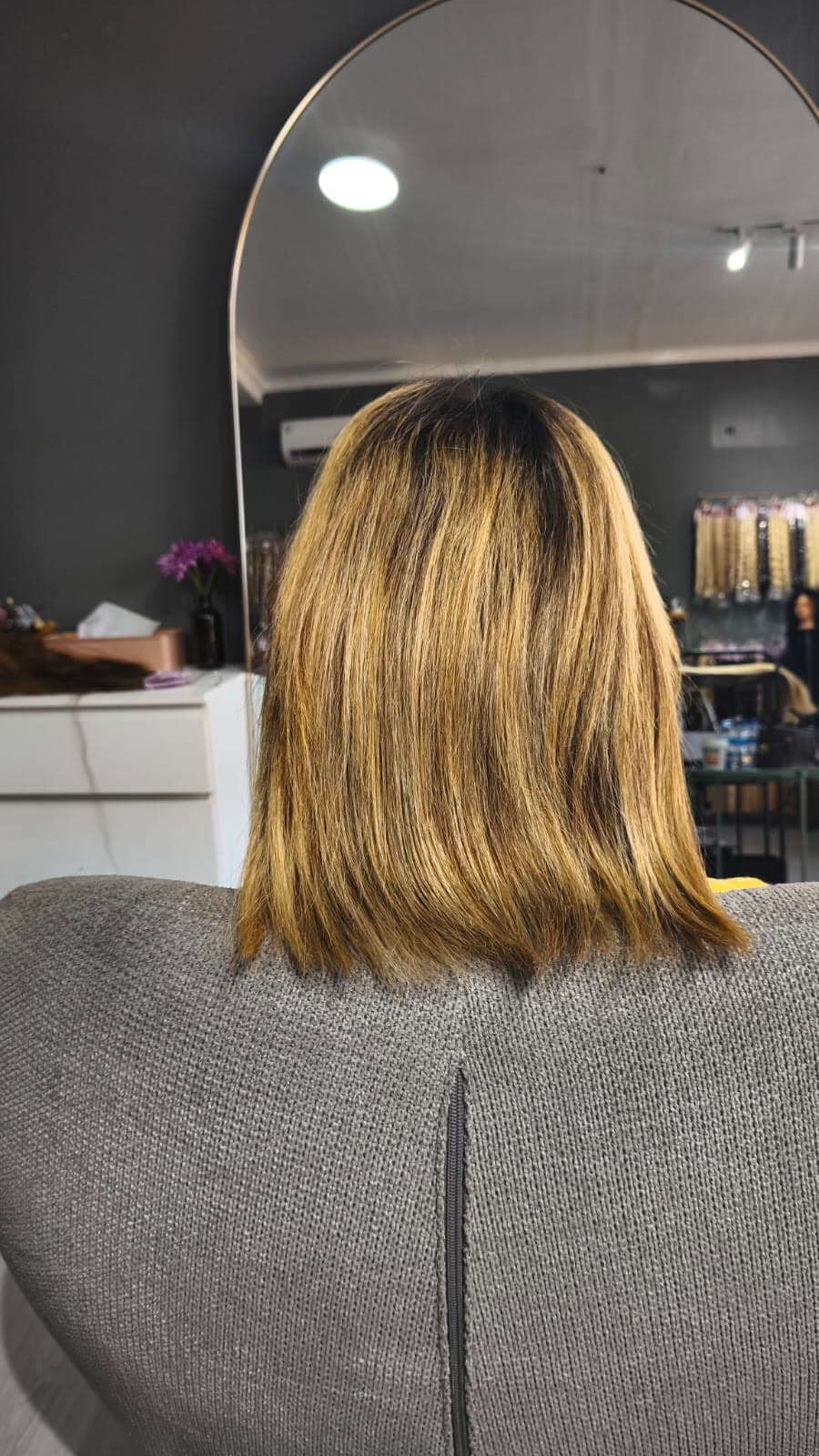 Client before — blonde bob with grown-out roots