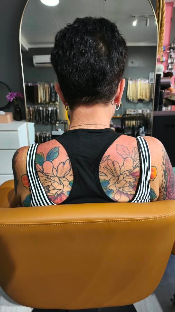 Client before — very short cropped dark hair