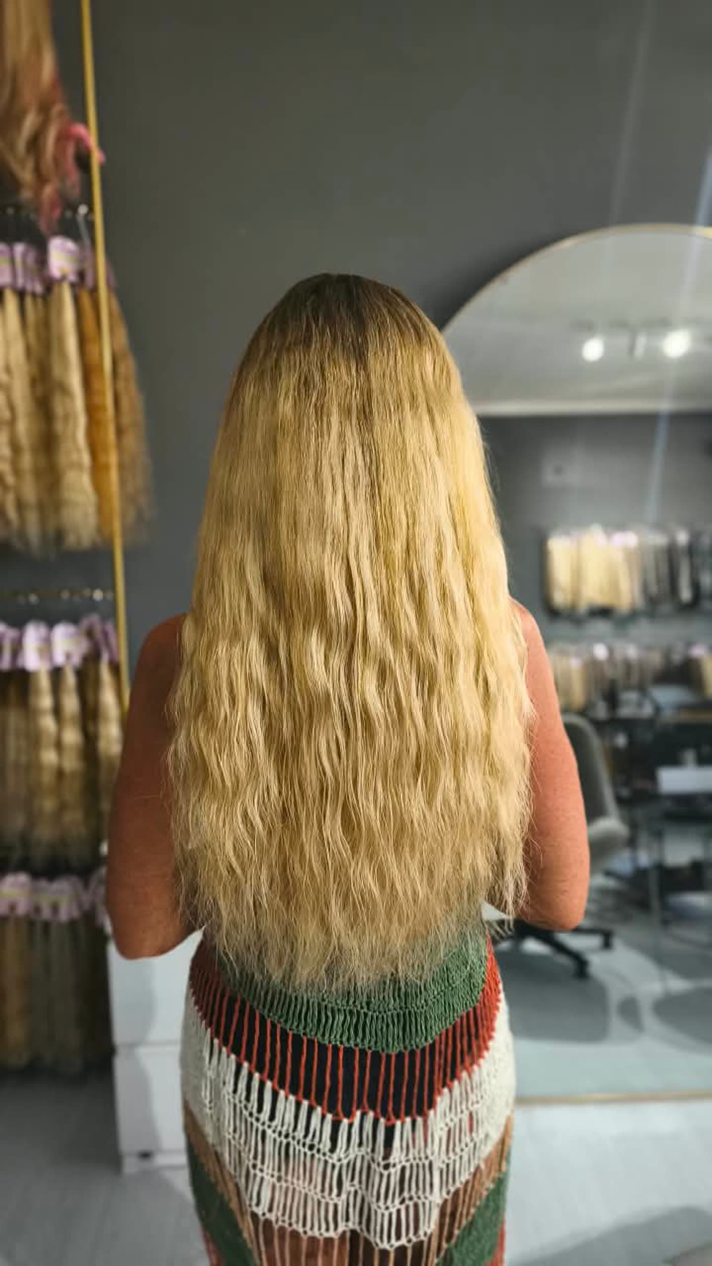Same client after — long blonde waves past the waist, Keratin Bond single 200 g