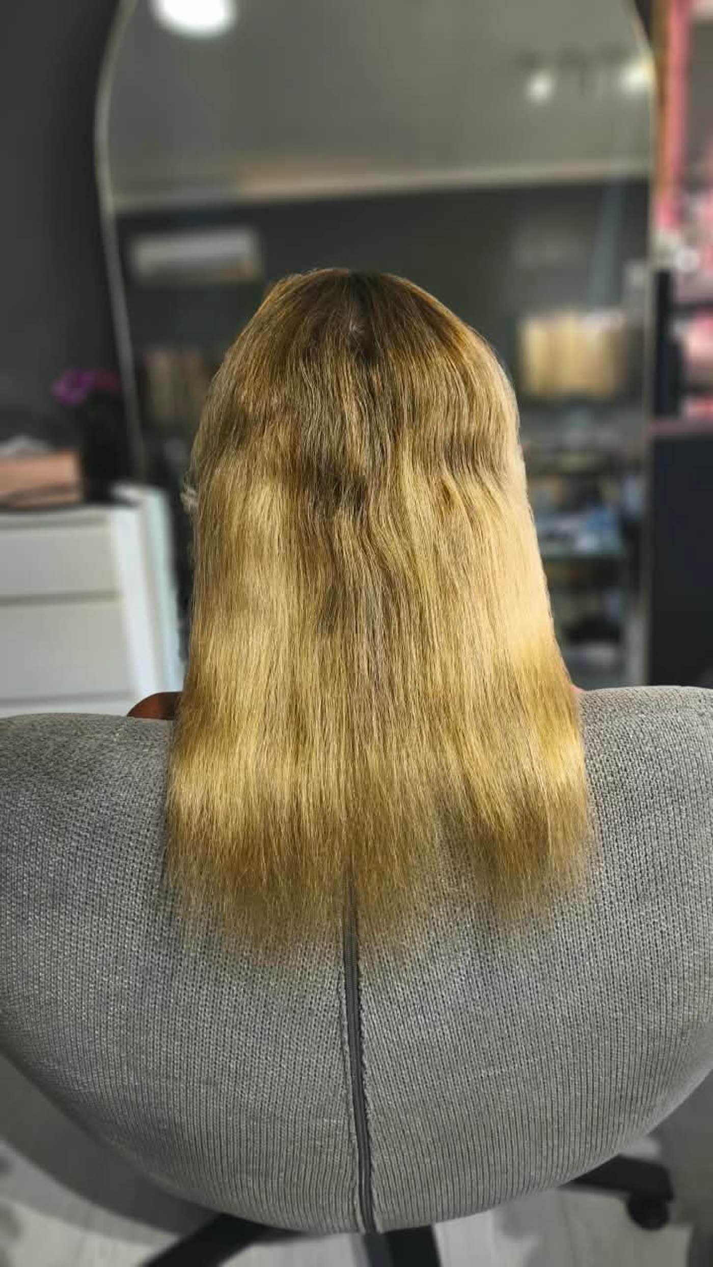 Client before — blonde hair straight to mid-back, thin through the ends