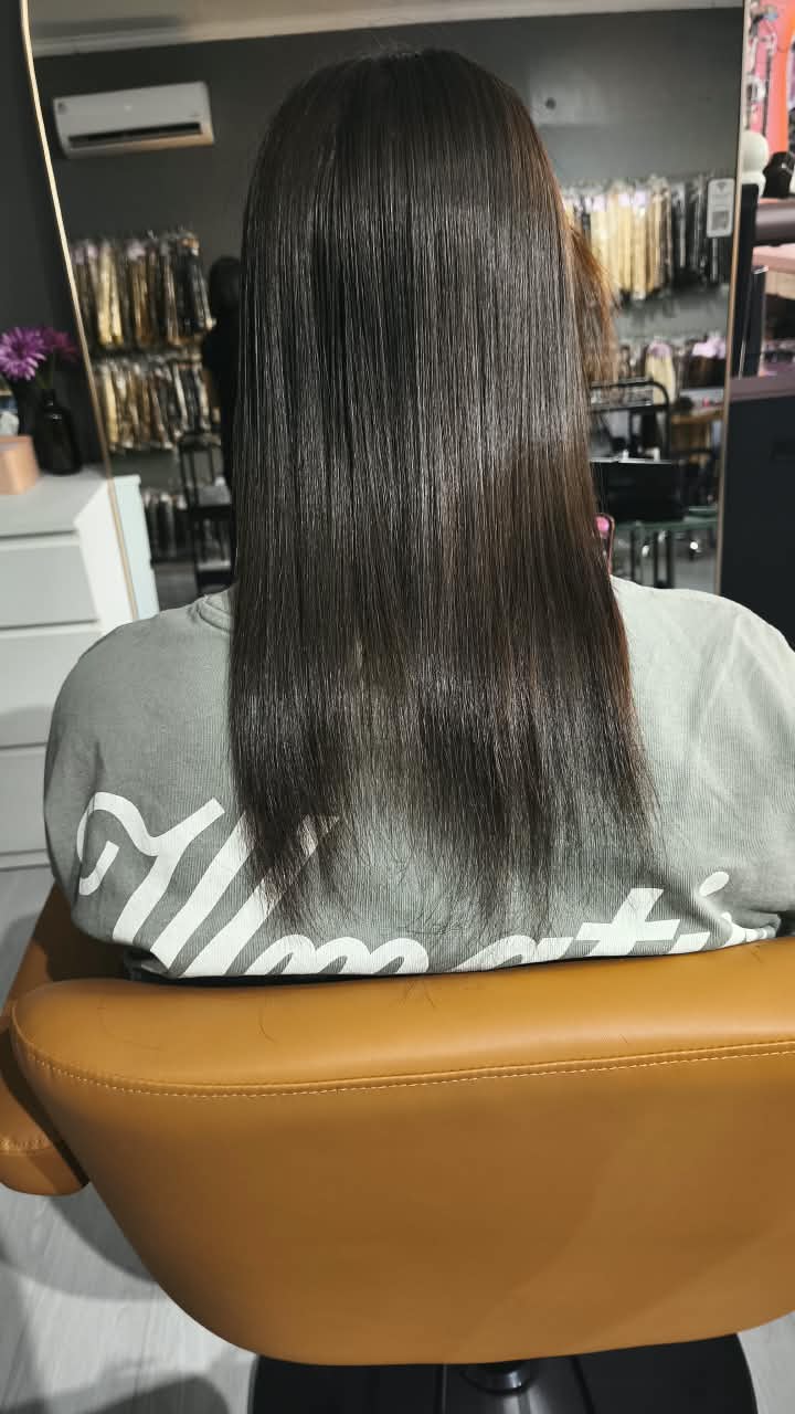 Client before — dark brown hair, straight to mid-back
