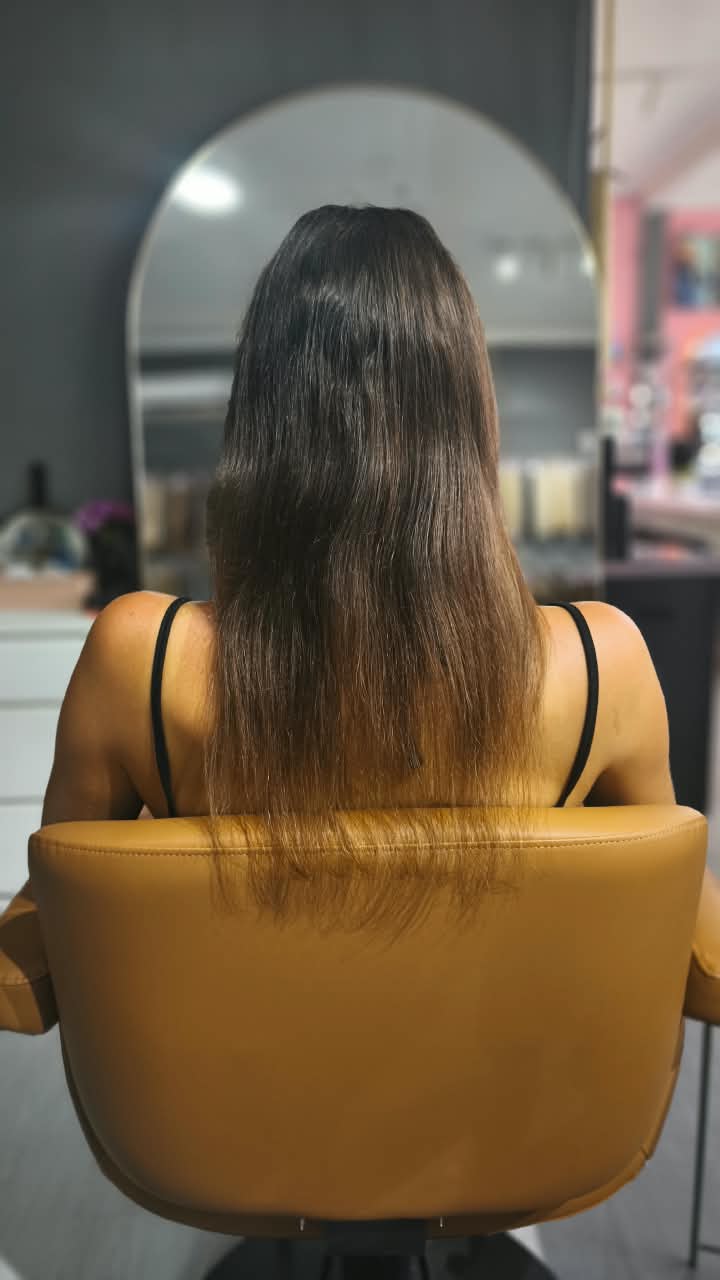 Client before — dark brown hair to mid-back, thinning through the ends