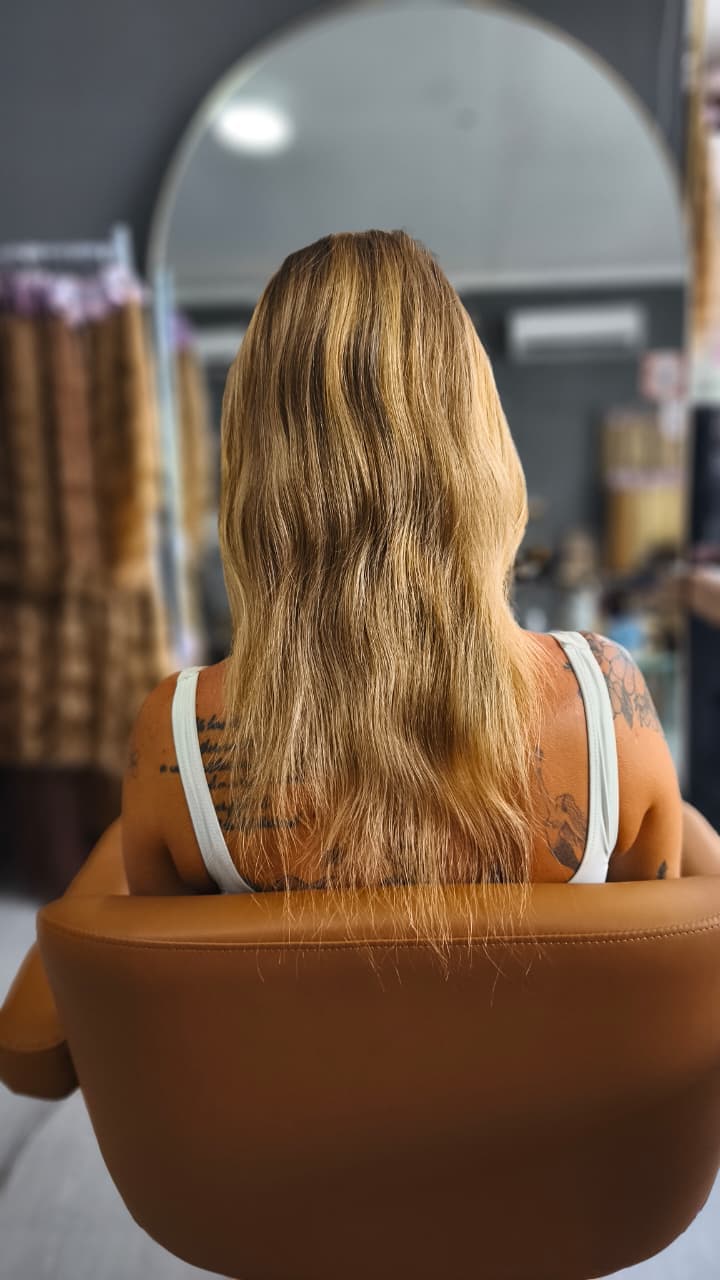 Client before — honey blonde to the shoulder blades, thin through the ends