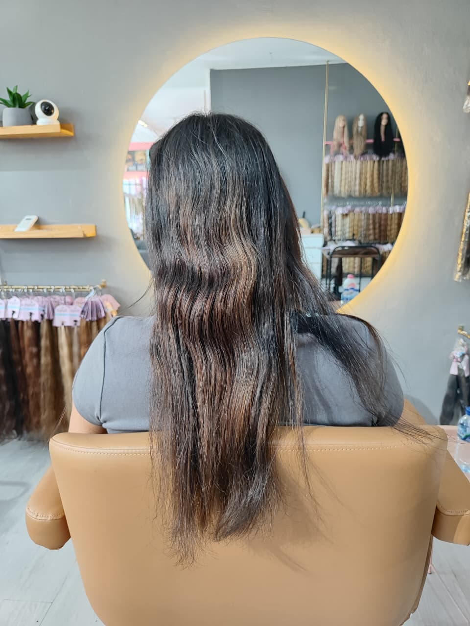Client before — brown hair with lighter ends to mid-back