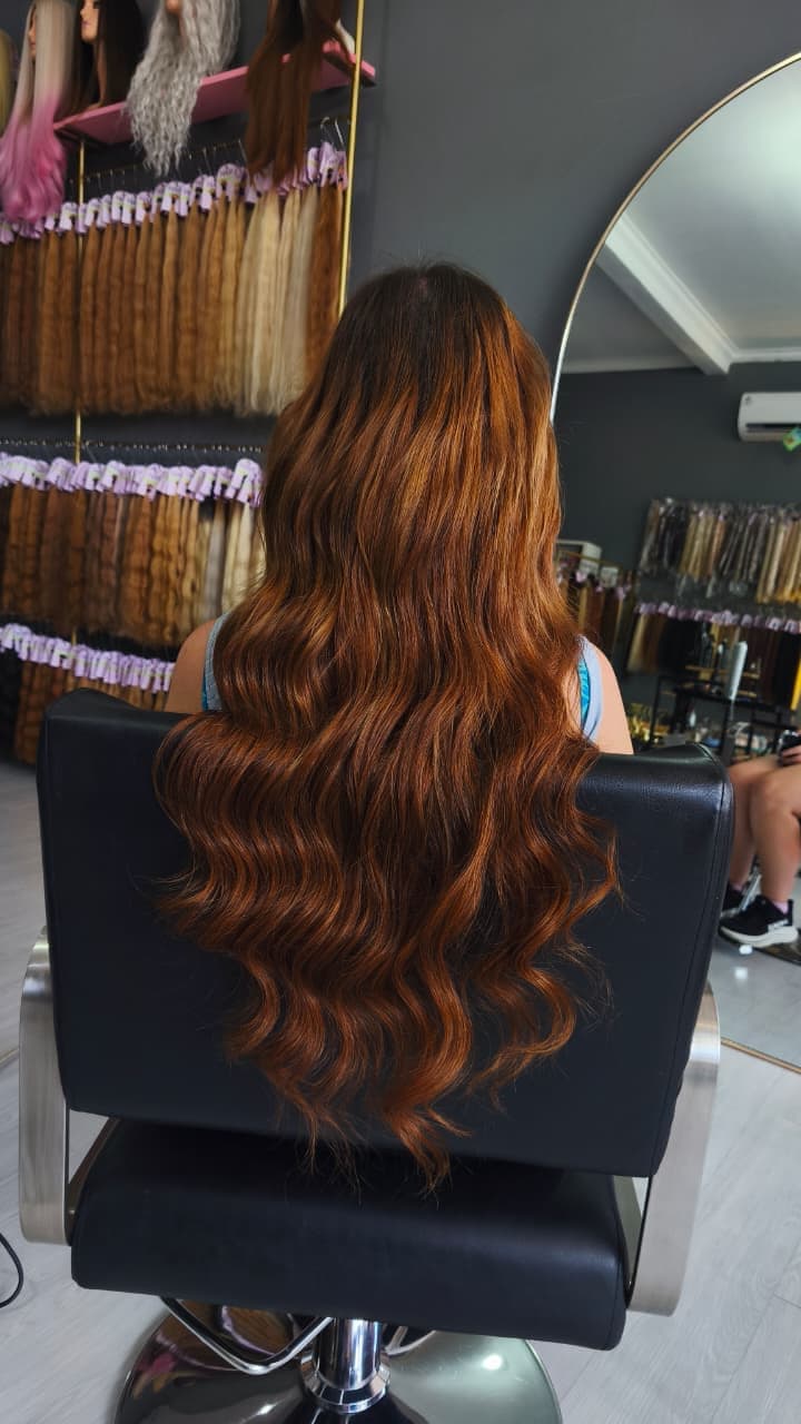 Same client after — long copper waves with full body, Nano Ring double drawn 100 g