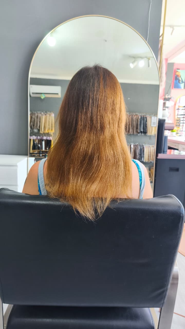 Client before — mid-length copper brown hair, thinning through the ends