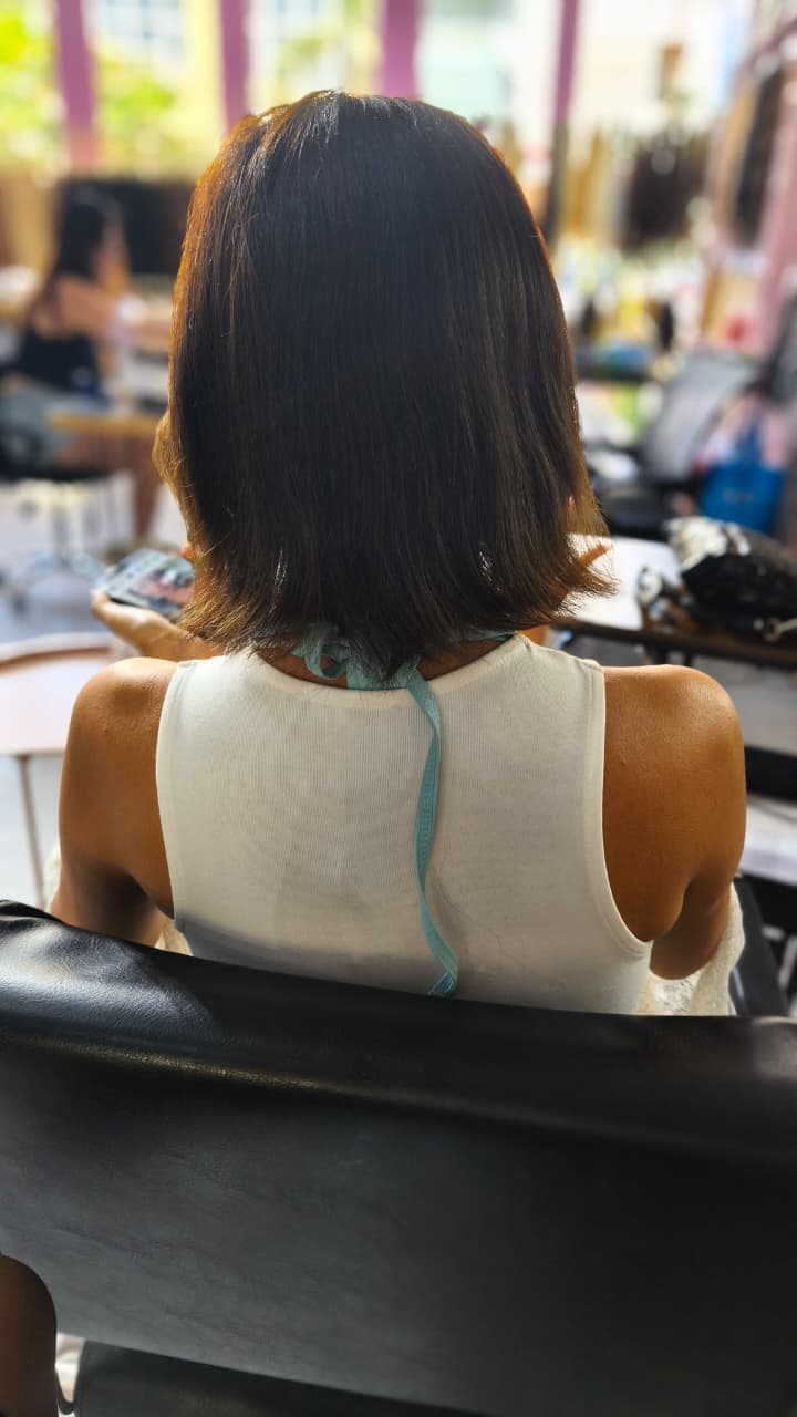Client before — chin-length dark brown bob