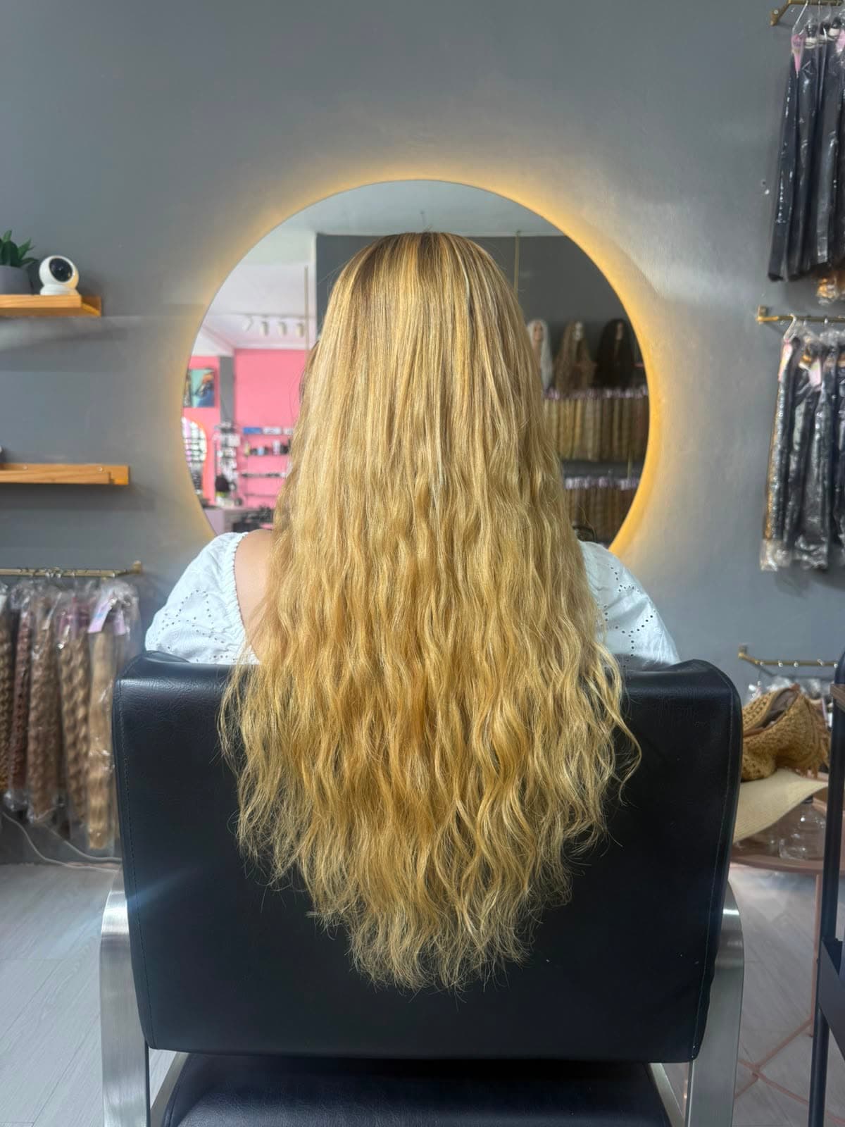 Same client after — long golden blonde beach waves, Nano Ring