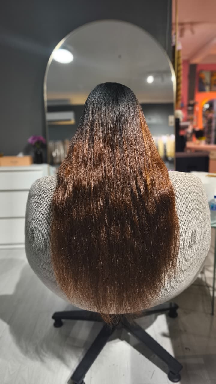 Same client after — thick brown length, Nano Ring double 250 g