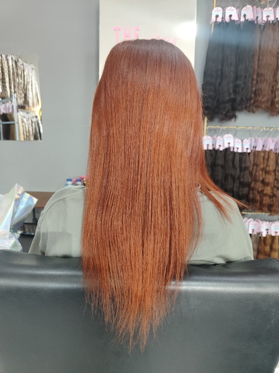 Client before — straight copper hair to mid-back