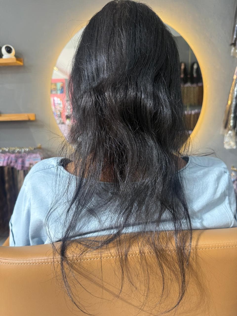 Client before — dark hair to mid-back, dry through the ends