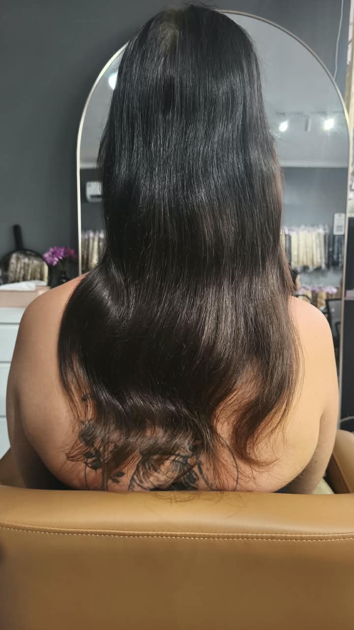 Client before — black hair to mid-back, sparse through the ends