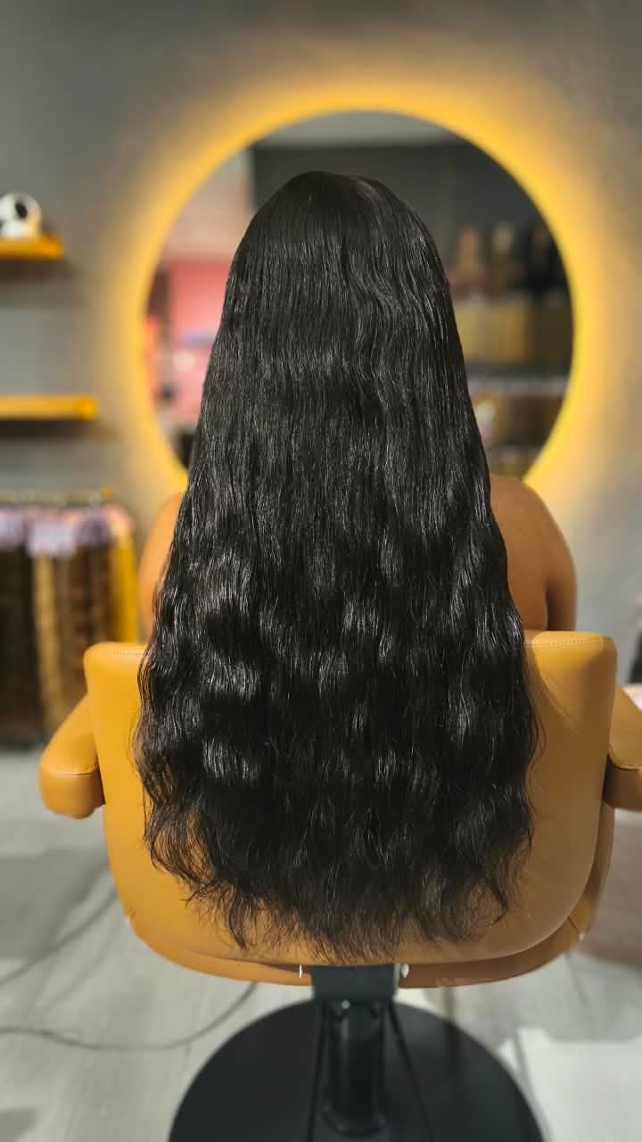 Same client after — long black waves to the waist, Weft double 200 g