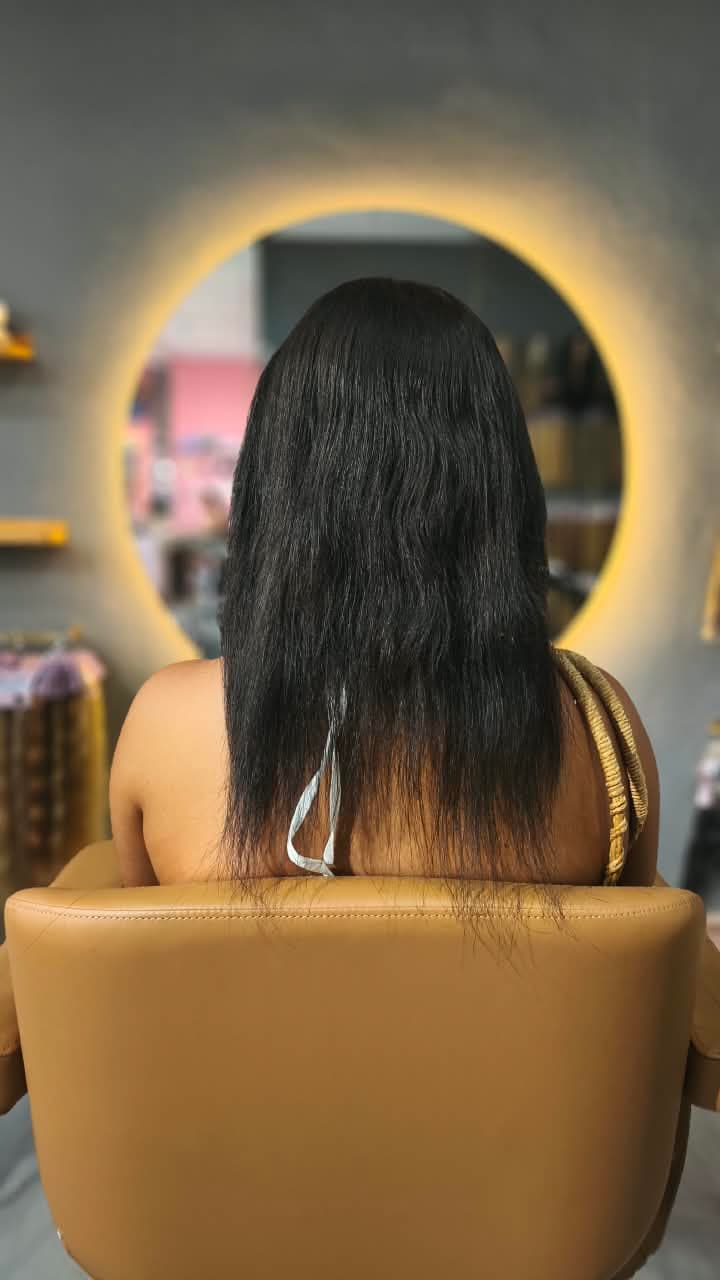 Client before — black hair just past the shoulders