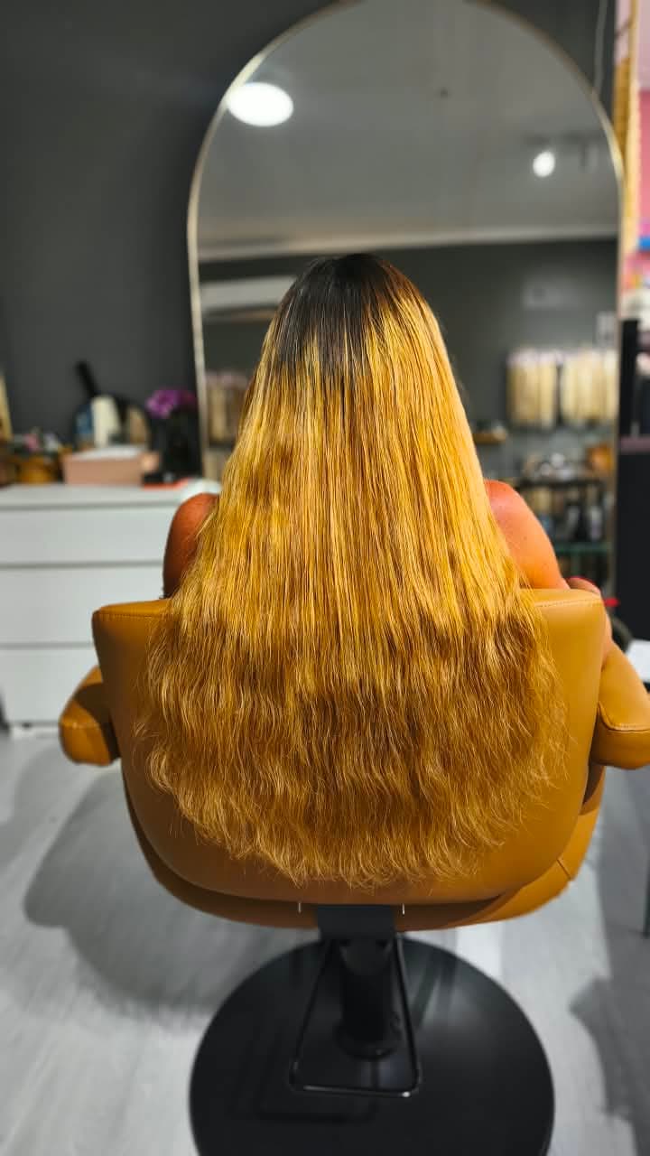 Same client after — long golden waves, Weft double 150 g