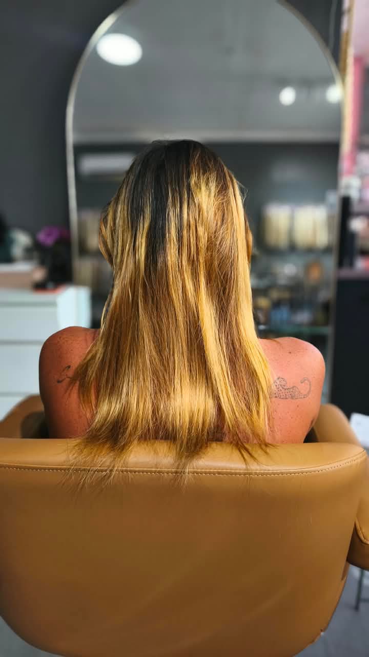 Client before — golden ombre hair to the shoulder blades, fine through the ends