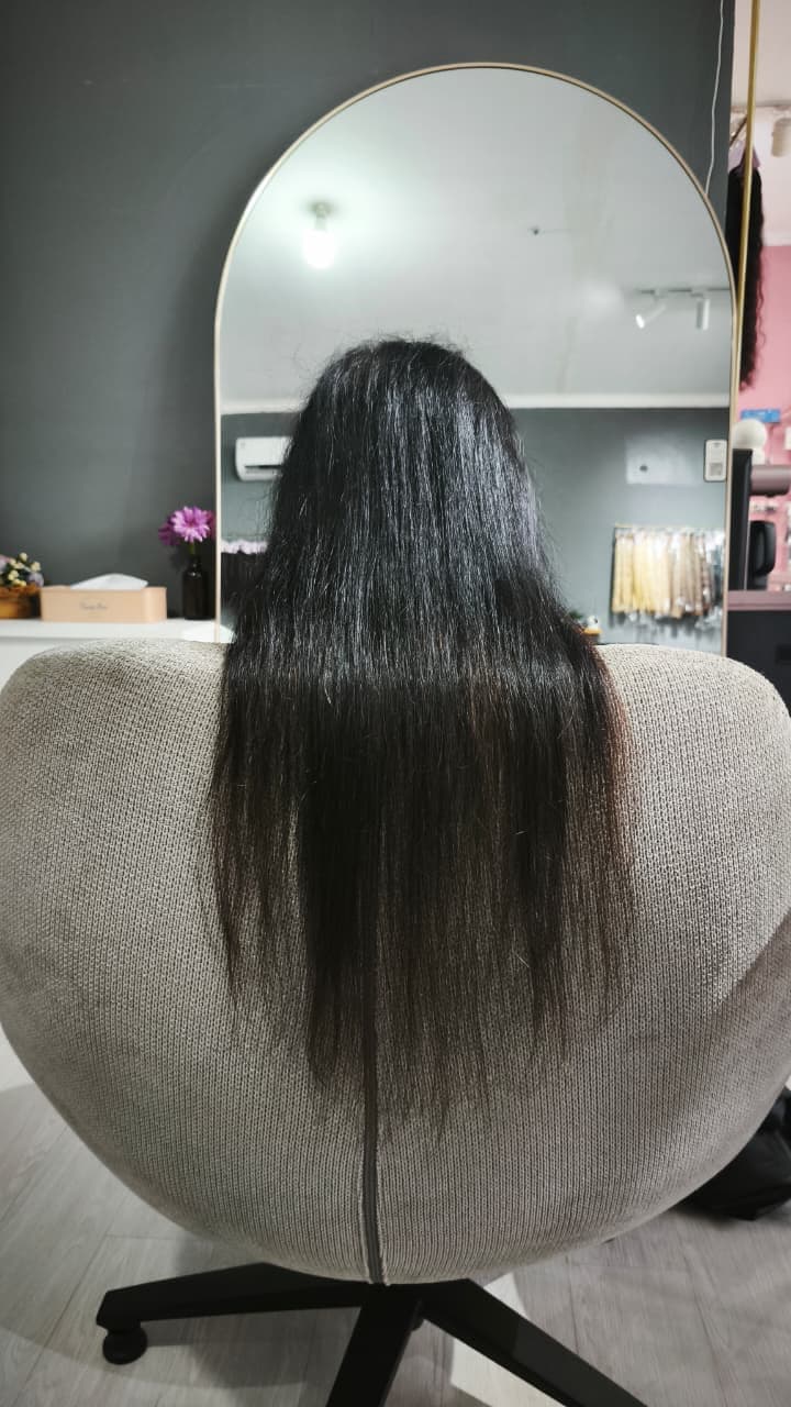 Client before — thin mid-length black hair