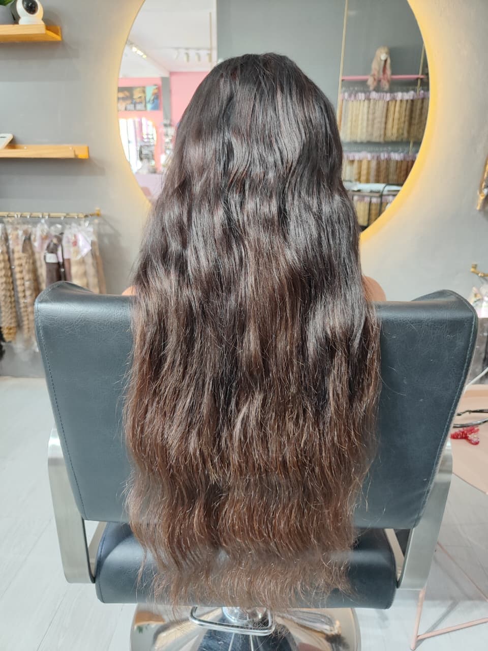 Same client after — long dark brown waves with full body, Weft 100 g