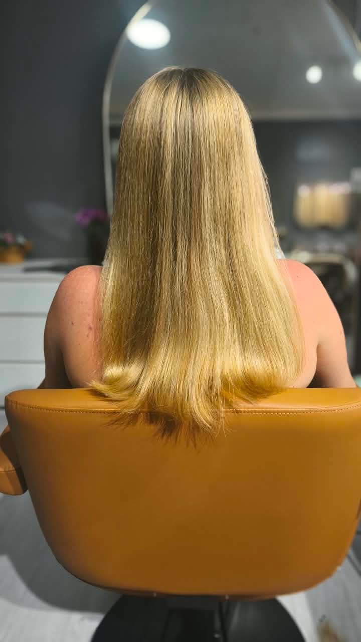 Client before — straight blonde hair to mid-back