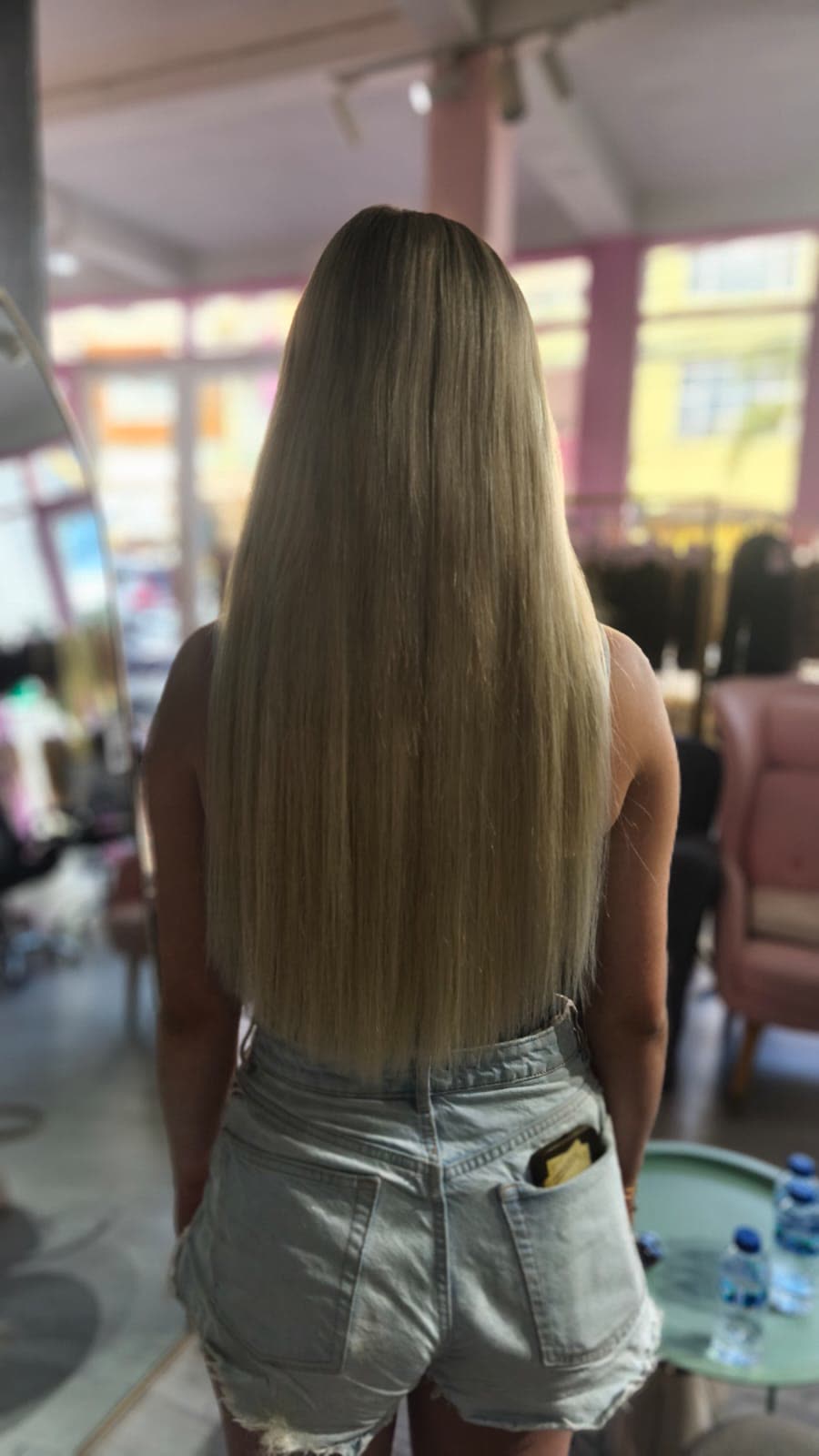 Same client after — long blonde length, Weft double 150 g