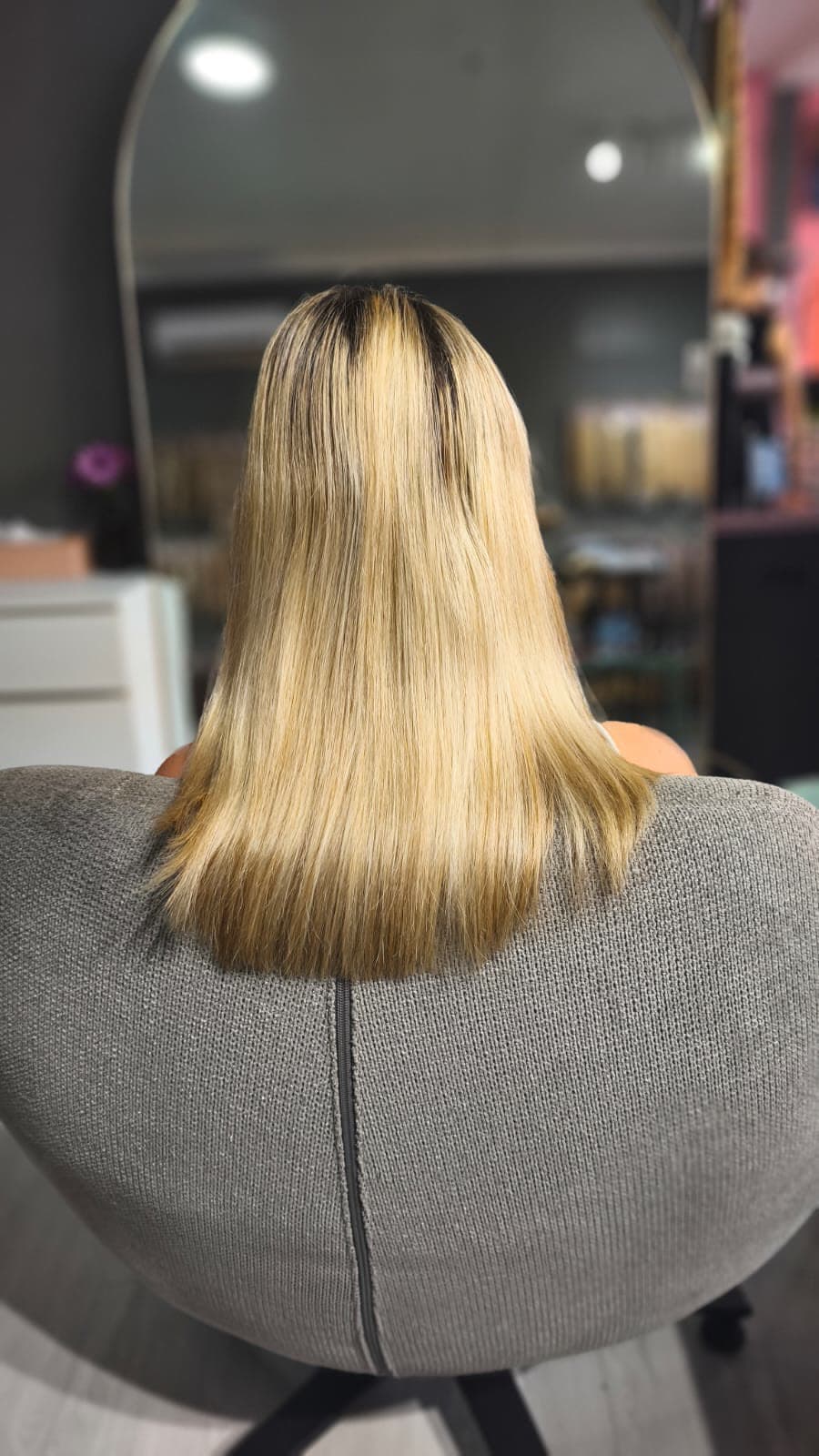 Client before — blonde bob with grown-out roots