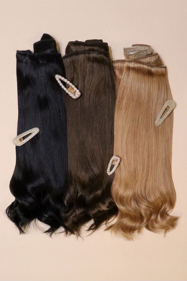 Clip-In set in three shades — black, brown and blonde wefts