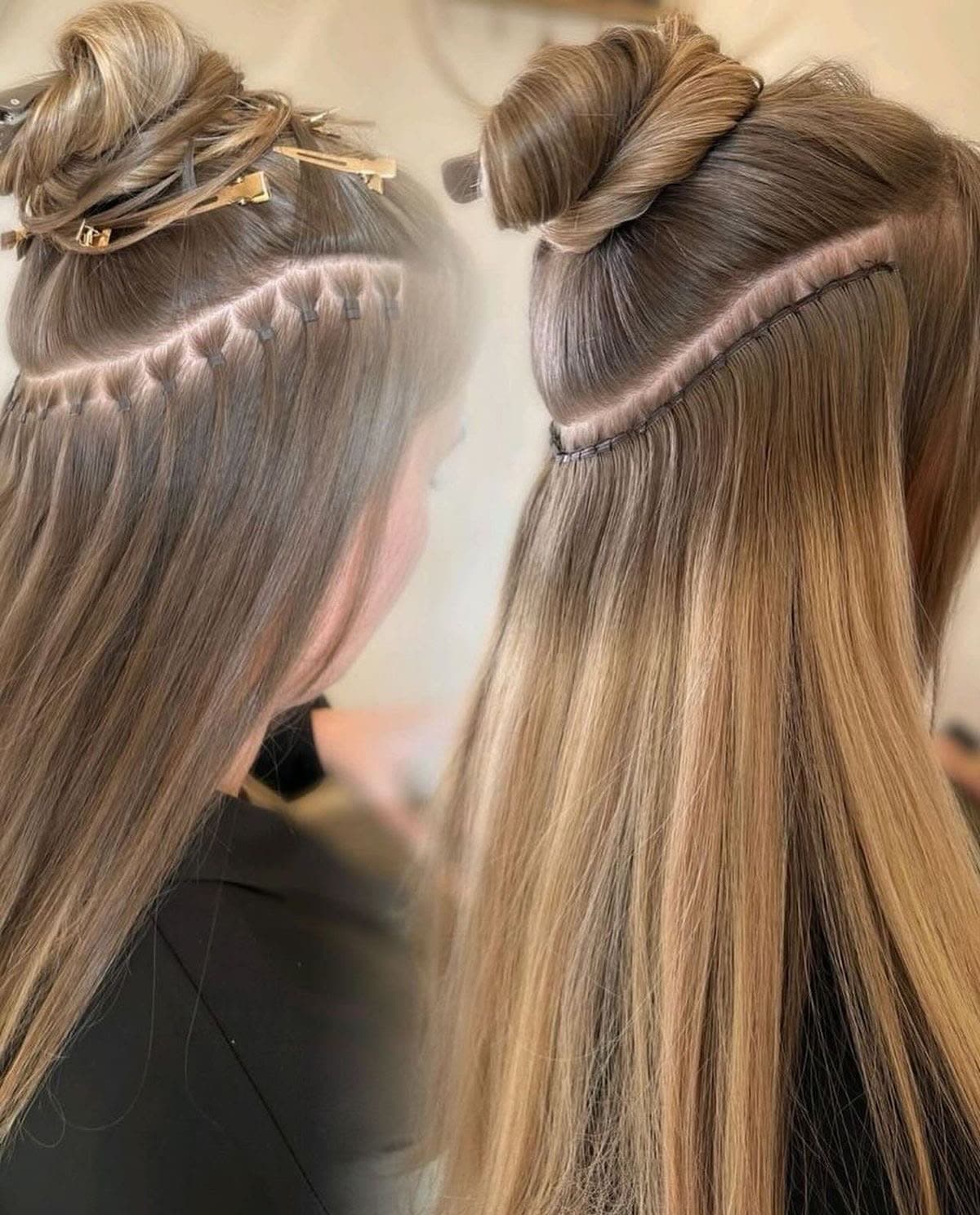 Weft rows fitted through the back, shown from two angles